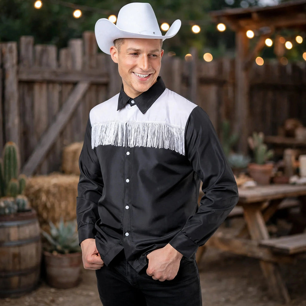 Adults cowboy shirt worn for western themed parties or rodeo nights