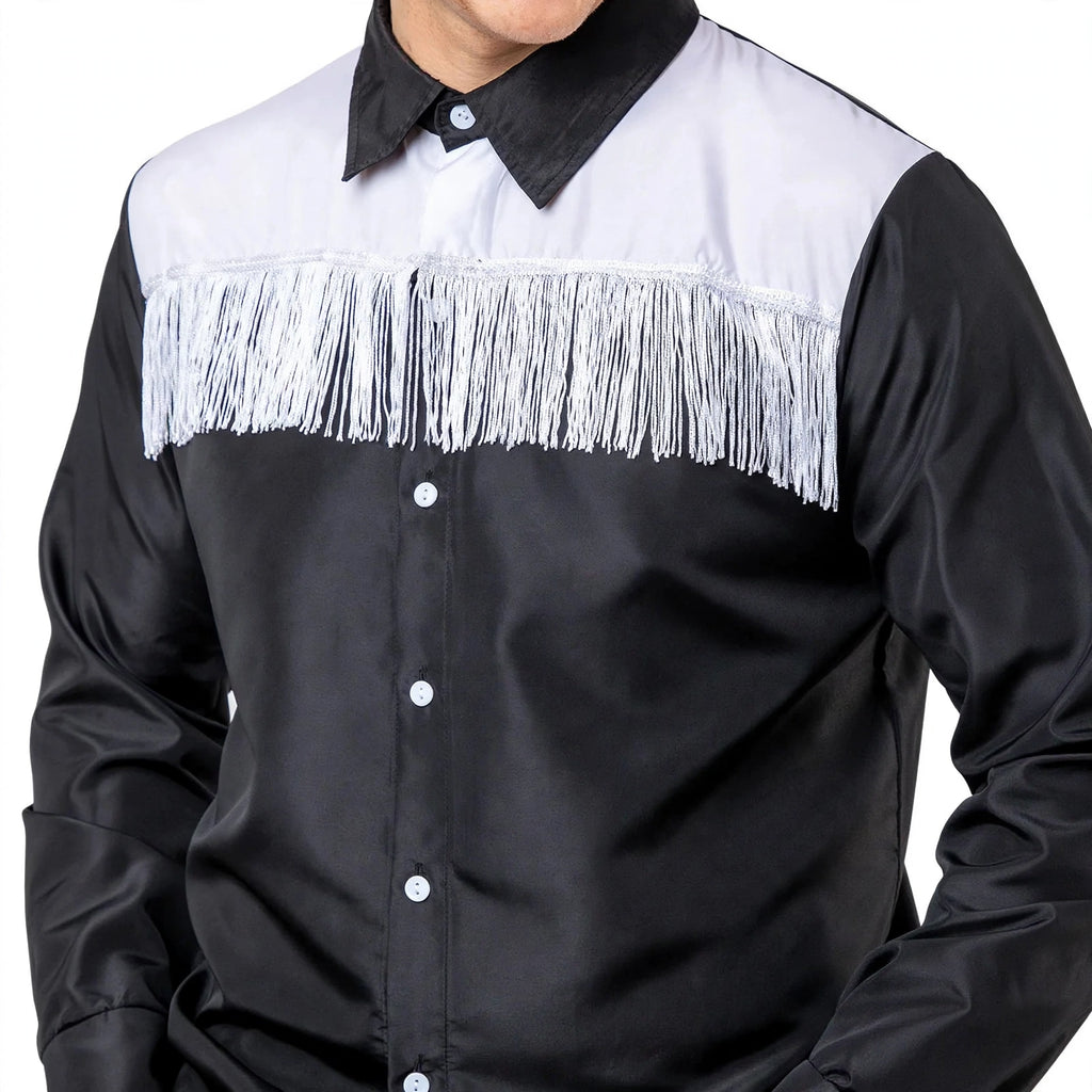 Close-up of black and white adults cowboy shirt with pearl-effect snap buttons and contrast detailing
