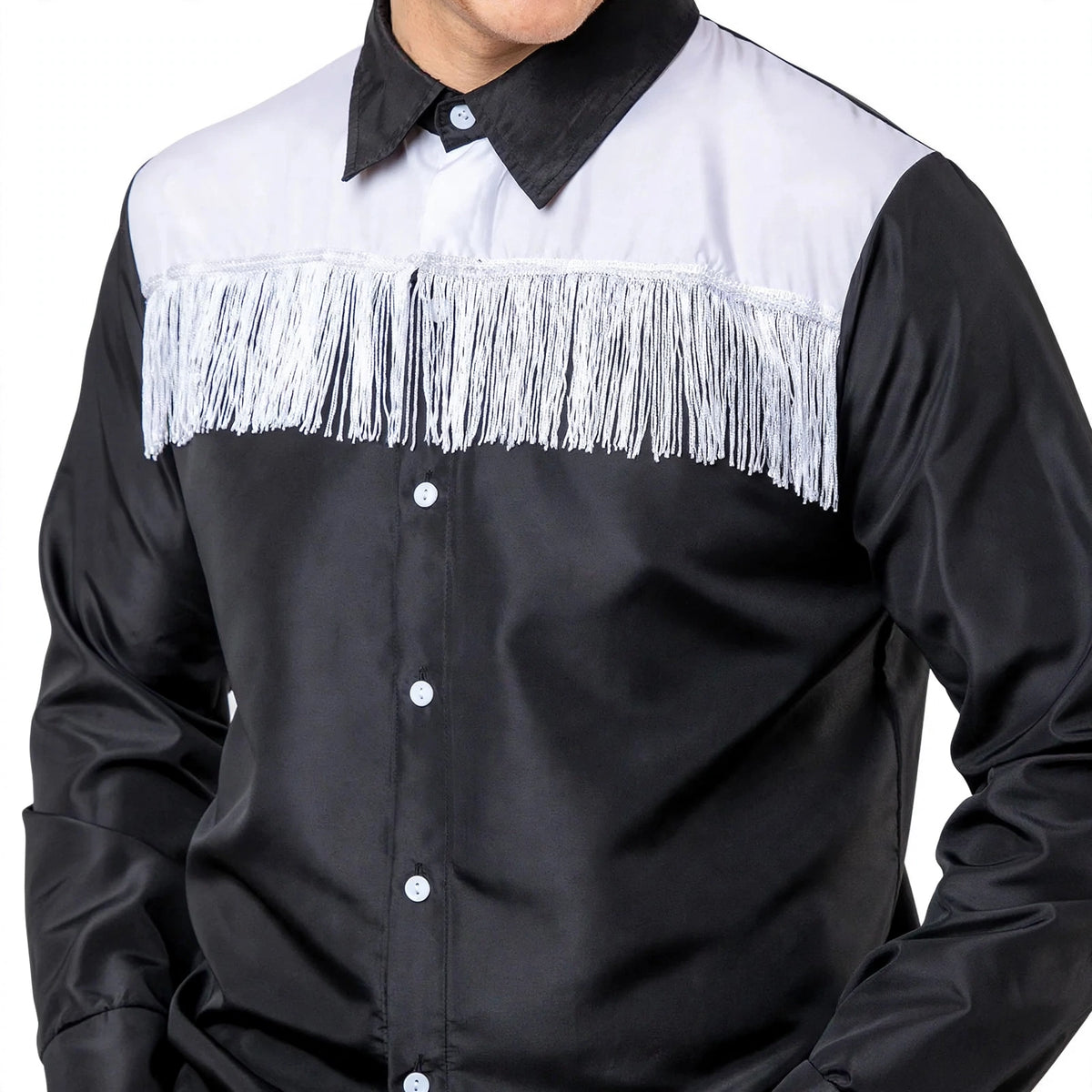 Close-up of black and white adults cowboy shirt with pearl-effect snap buttons and contrast detailing