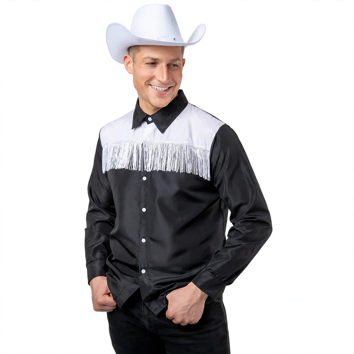 Adults cowboy shirt in black and white with pearl-effect snap buttons sized XL