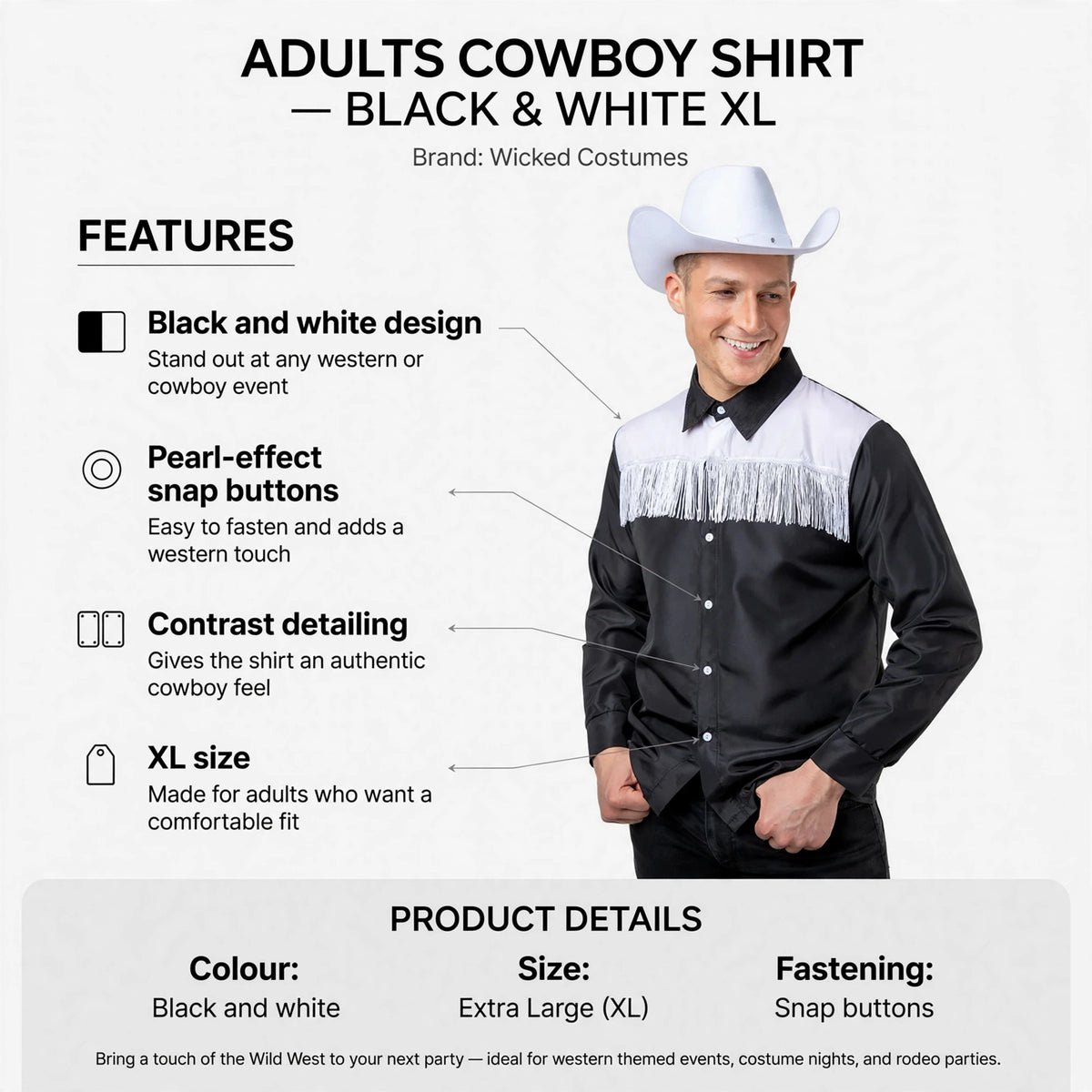 Infographic showing black and white design, pearl-effect snap buttons, contrast detailing, and XL size