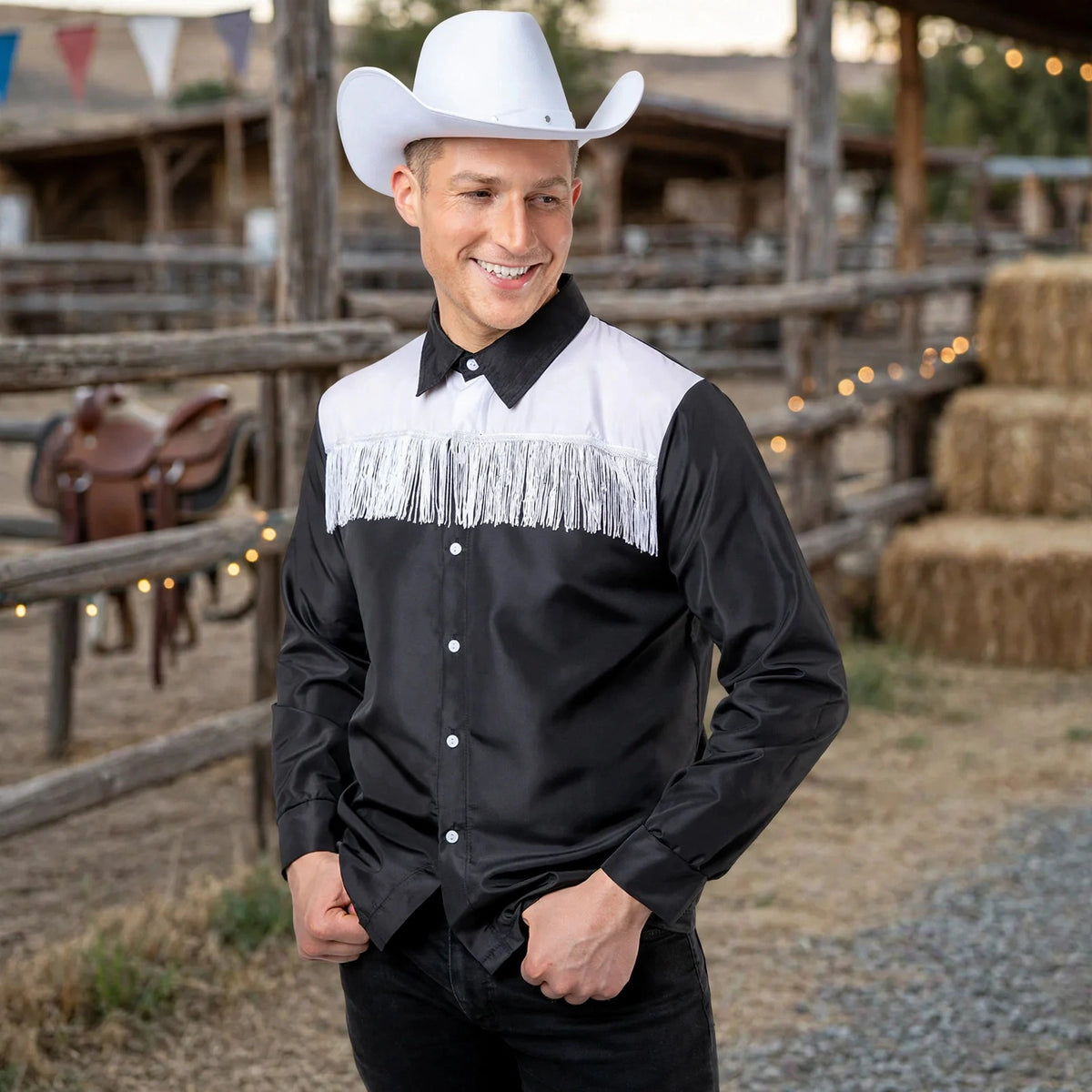 Adults wearing black and white cowboy shirt at a western themed event