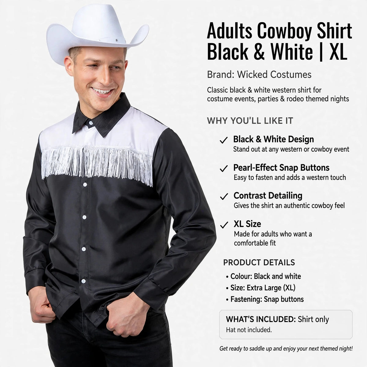 Adults cowboy shirt with snap button fastening and XL size for western themed events