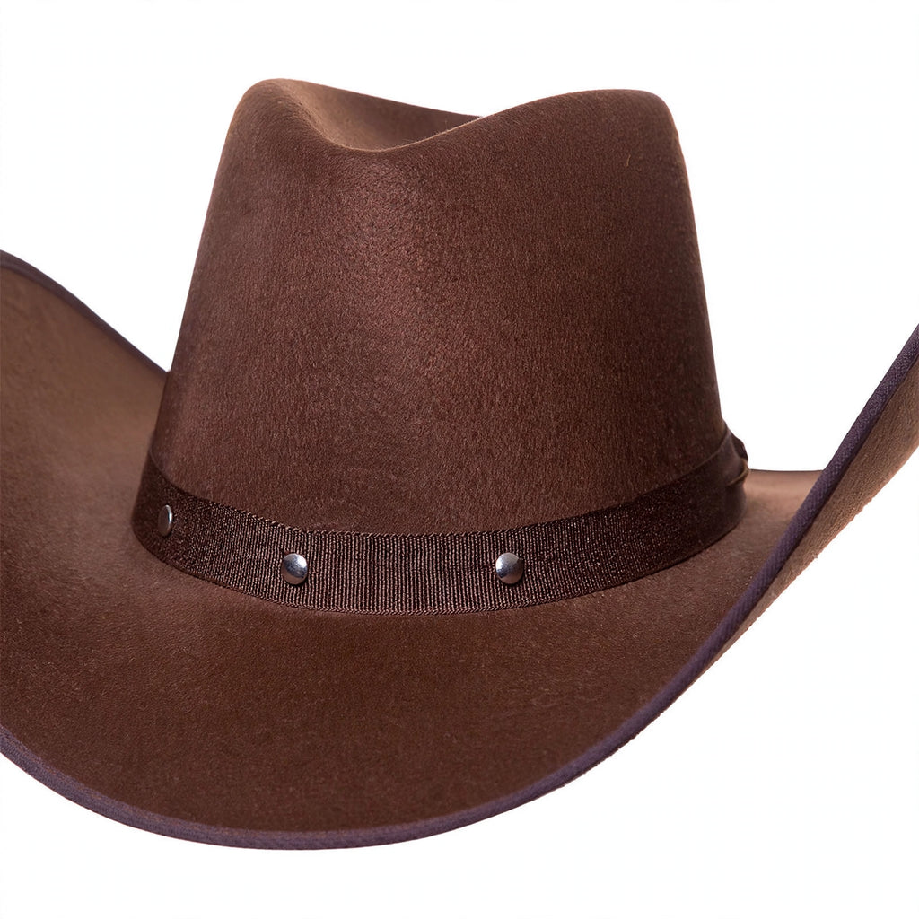 Close-up view of dark brown Texan cowboy hat showing wide brim and shaped crown