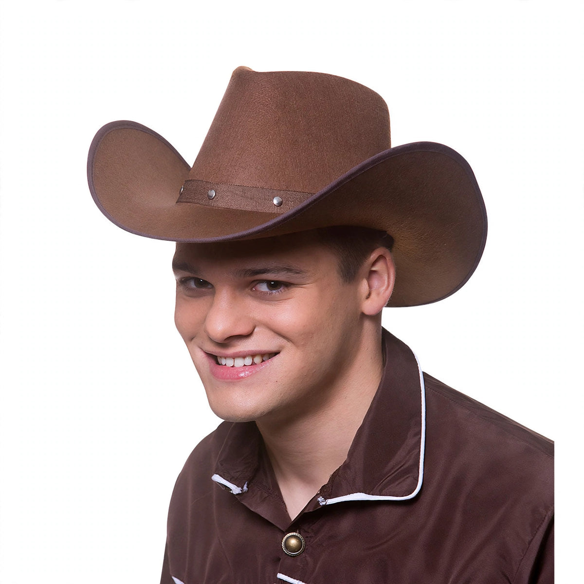 Adults dark brown Texan cowboy hat with wide brim and shaped crown