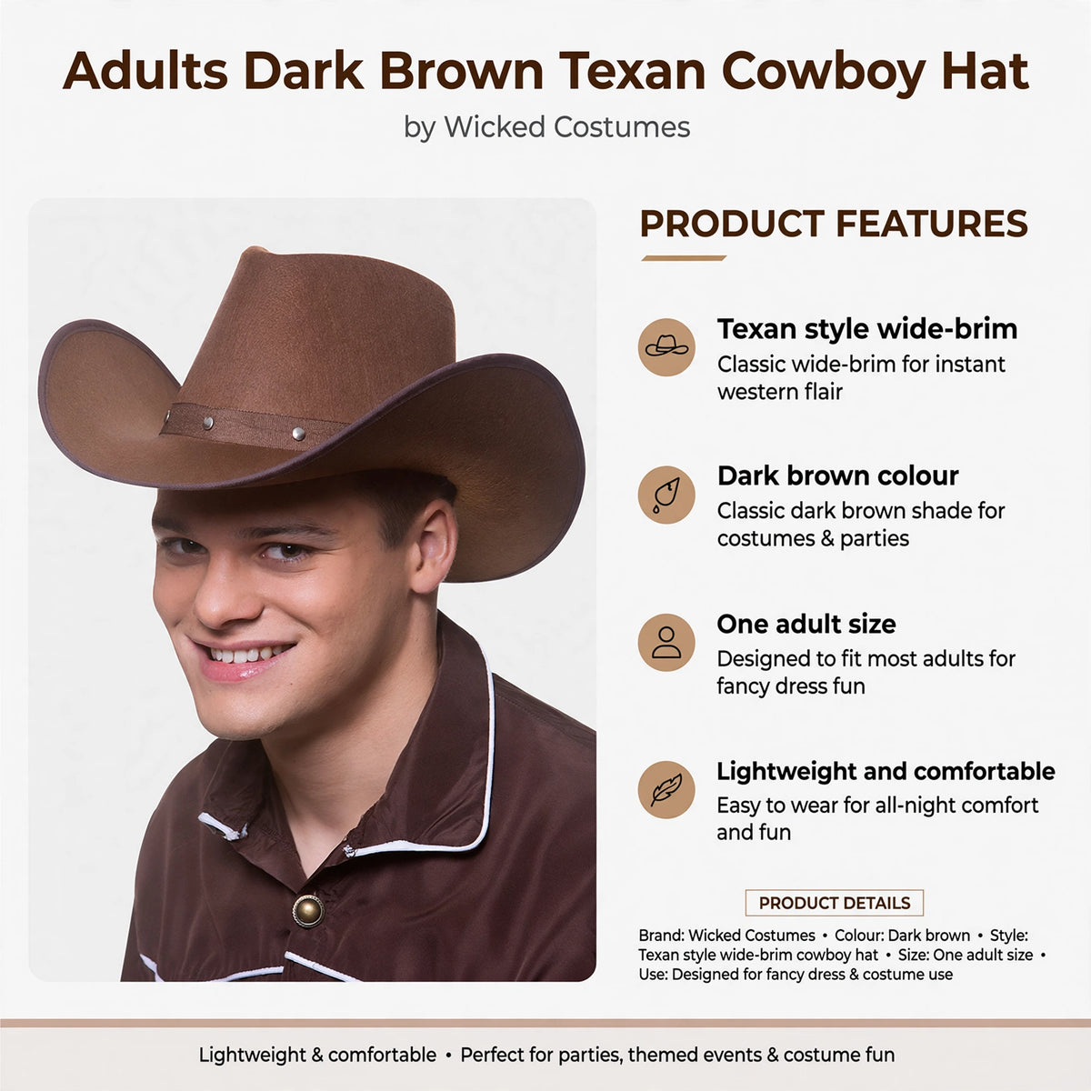 Texan style wide-brim cowboy hat in dark brown colour with one adult size