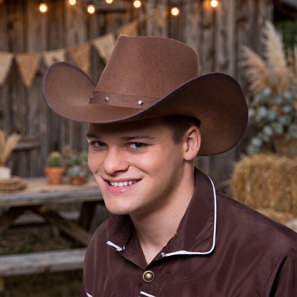 Adults wearing dark brown Texan cowboy hat for western fancy dress or themed party