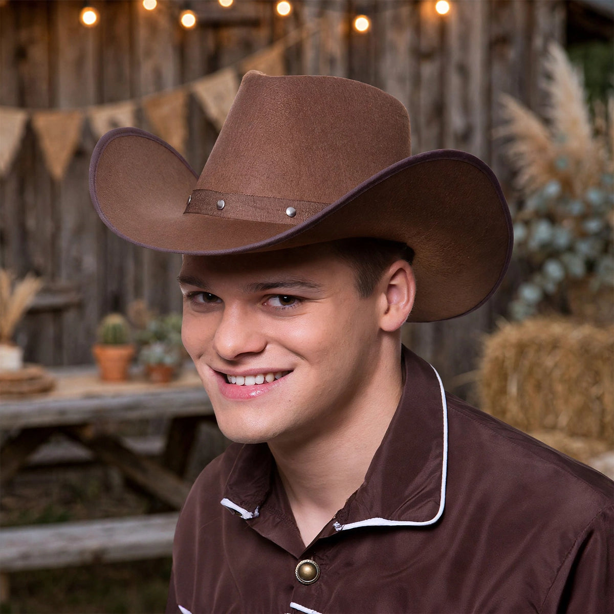 Adults wearing dark brown Texan cowboy hat for western fancy dress or themed party