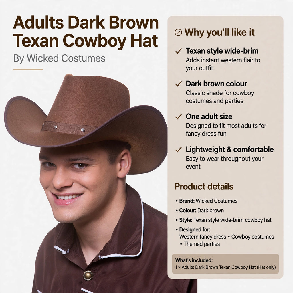 Lightweight dark brown cowboy hat designed for fancy dress and costume use