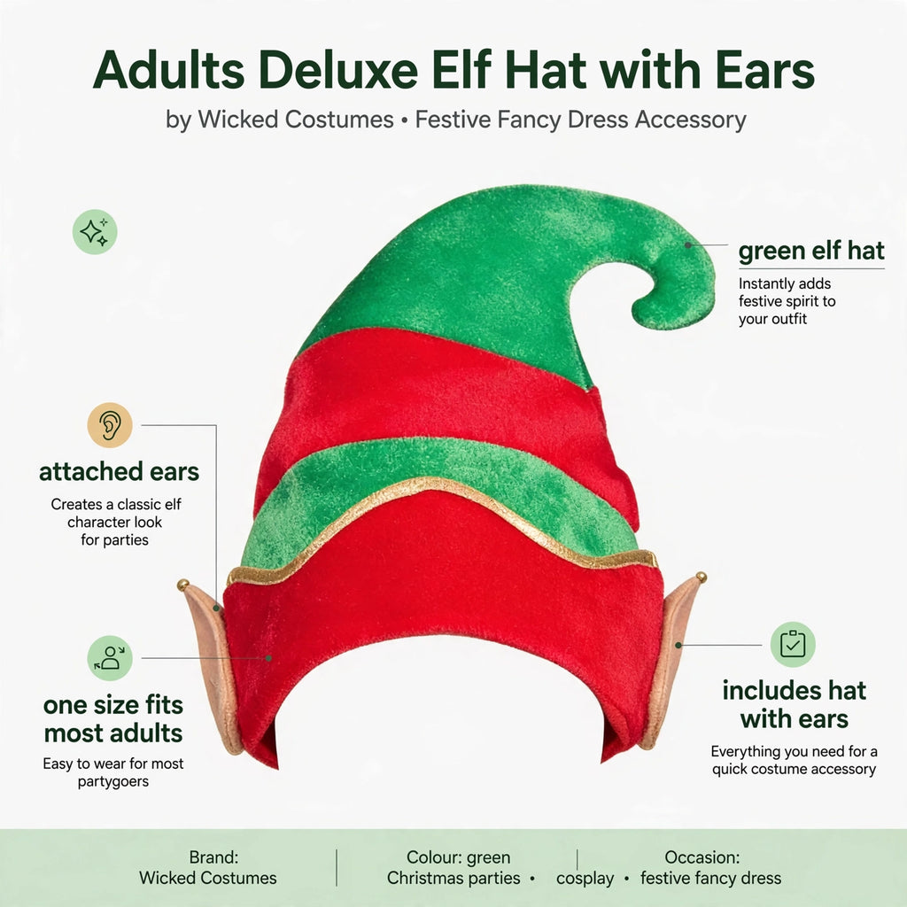 Features green elf hat with attached ears and one size fits most adults