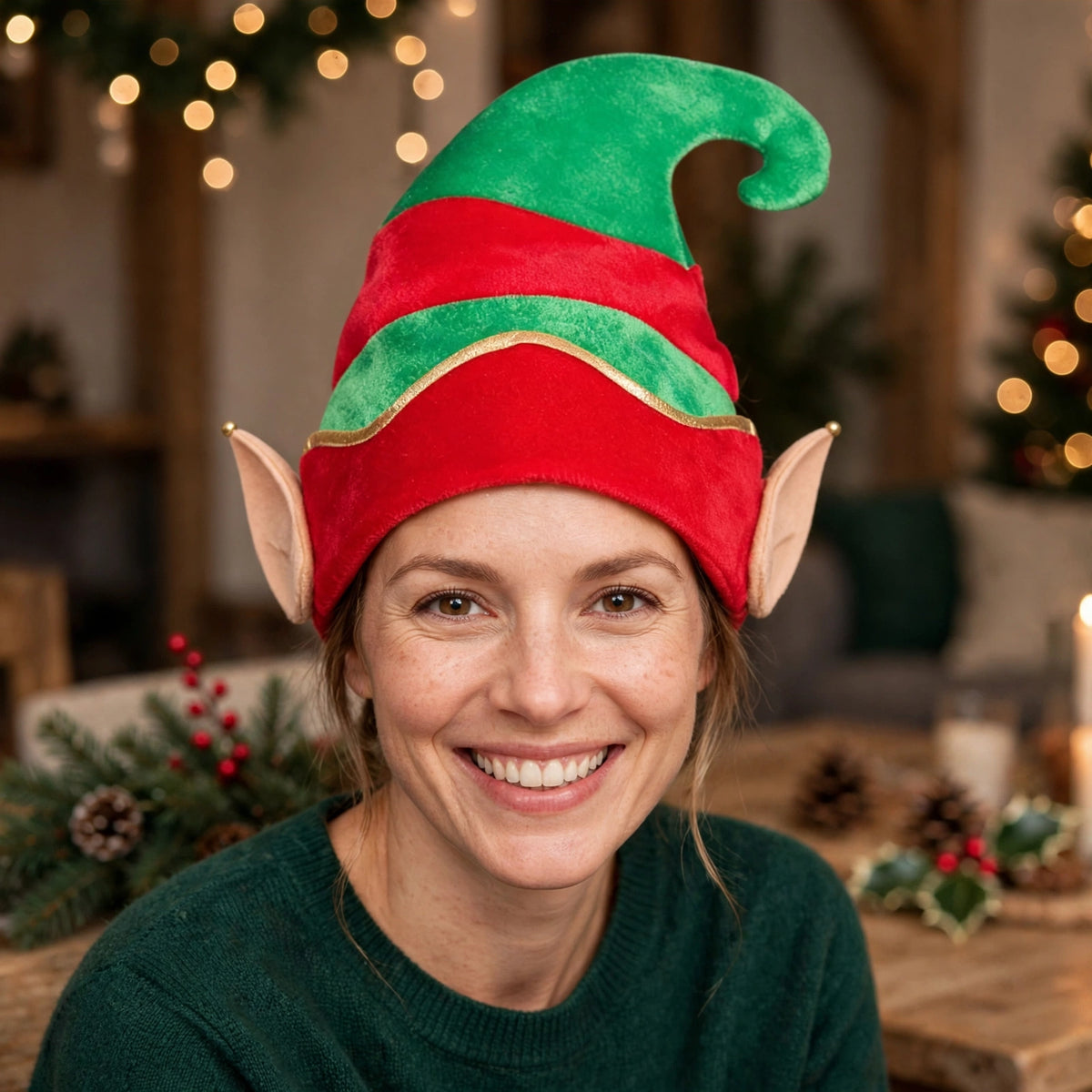 Adults Deluxe Elf Hat worn for Christmas parties and festive fancy dress