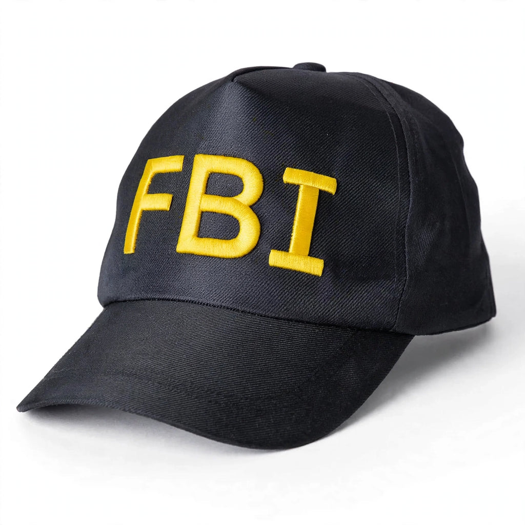 Close-up view of black and yellow F.B.I baseball cap with adjustable strap