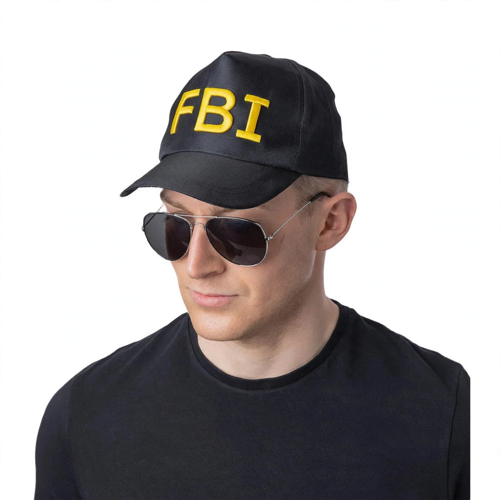 Black and yellow F.B.I baseball cap with bold yellow lettering