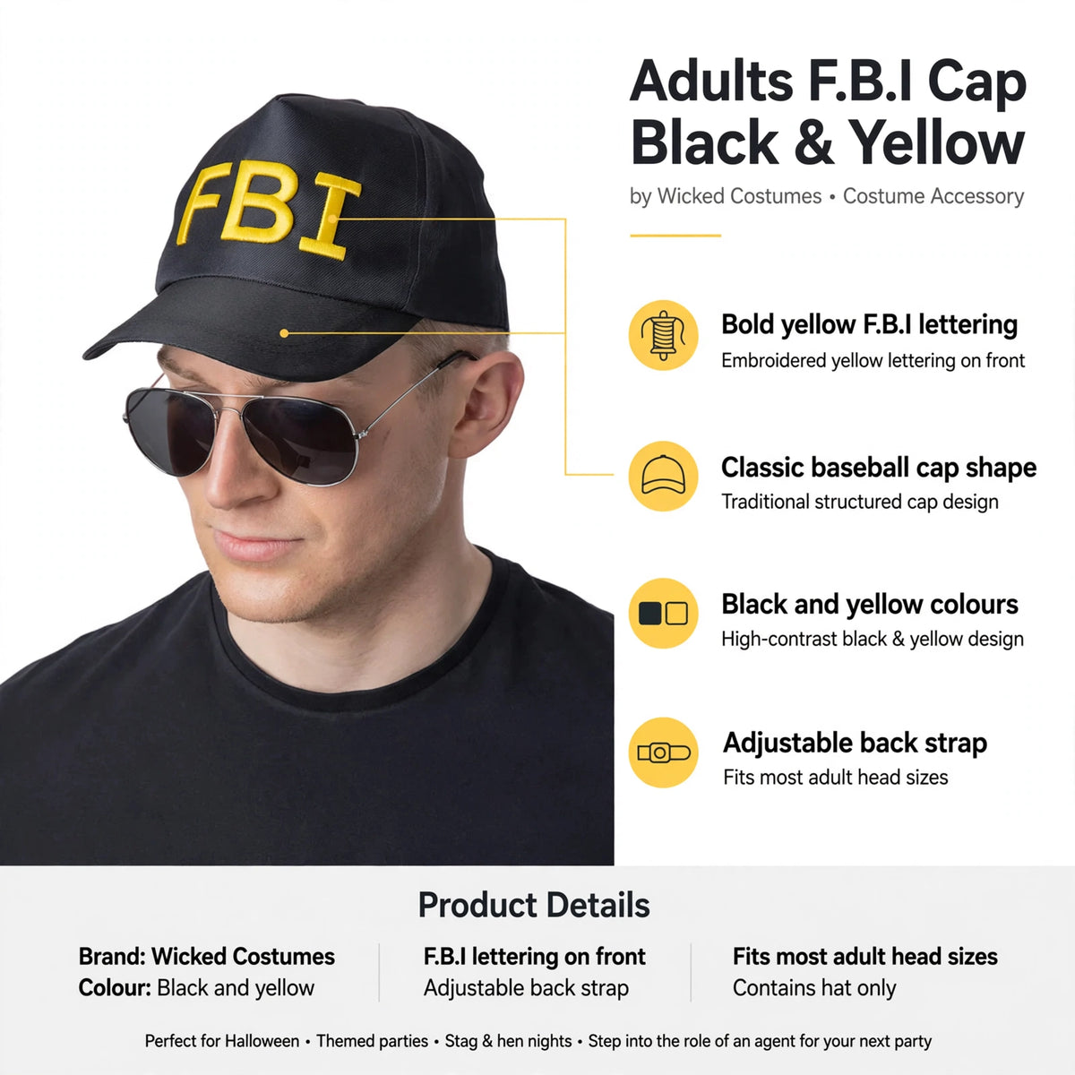 Infographic showing bold yellow F.B.I lettering, adjustable back strap, and classic baseball cap shape