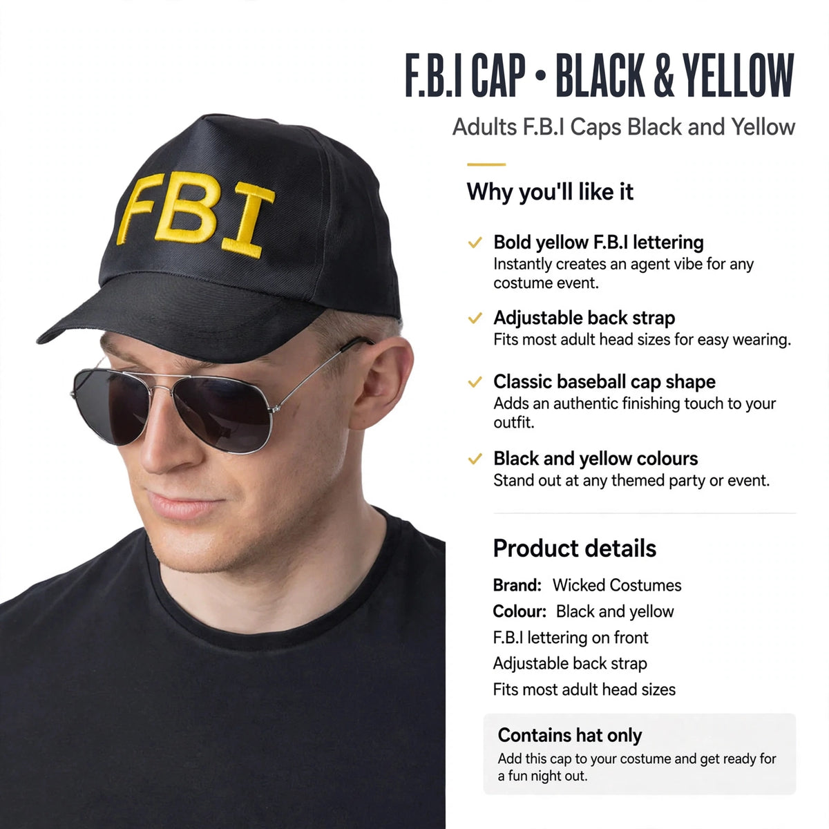 F.B.I cap with adjustable back strap fits most adult head sizes