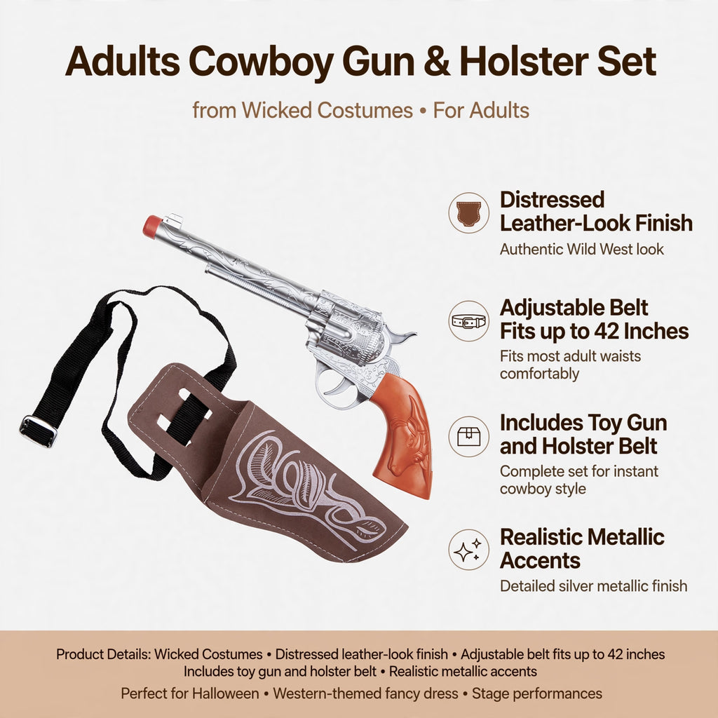 Features distressed leather-look finish, adjustable belt up to 42 inches, toy gun and holster belt, realistic metallic accents