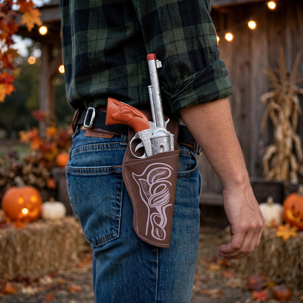 Adults cowboy gun and holster set worn for Halloween or Western-themed fancy dress parties