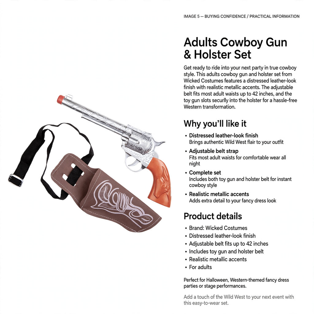 Adults cowboy gun and holster set includes adjustable belt fitting up to 42 inches and toy gun with holster