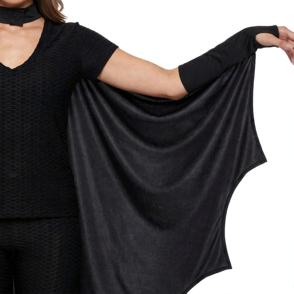 Close-up view of the black bat-inspired cape for adults