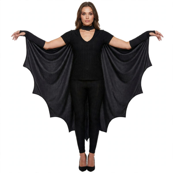 Adults Halloween Black Bat Cape with bat-inspired design in black colour