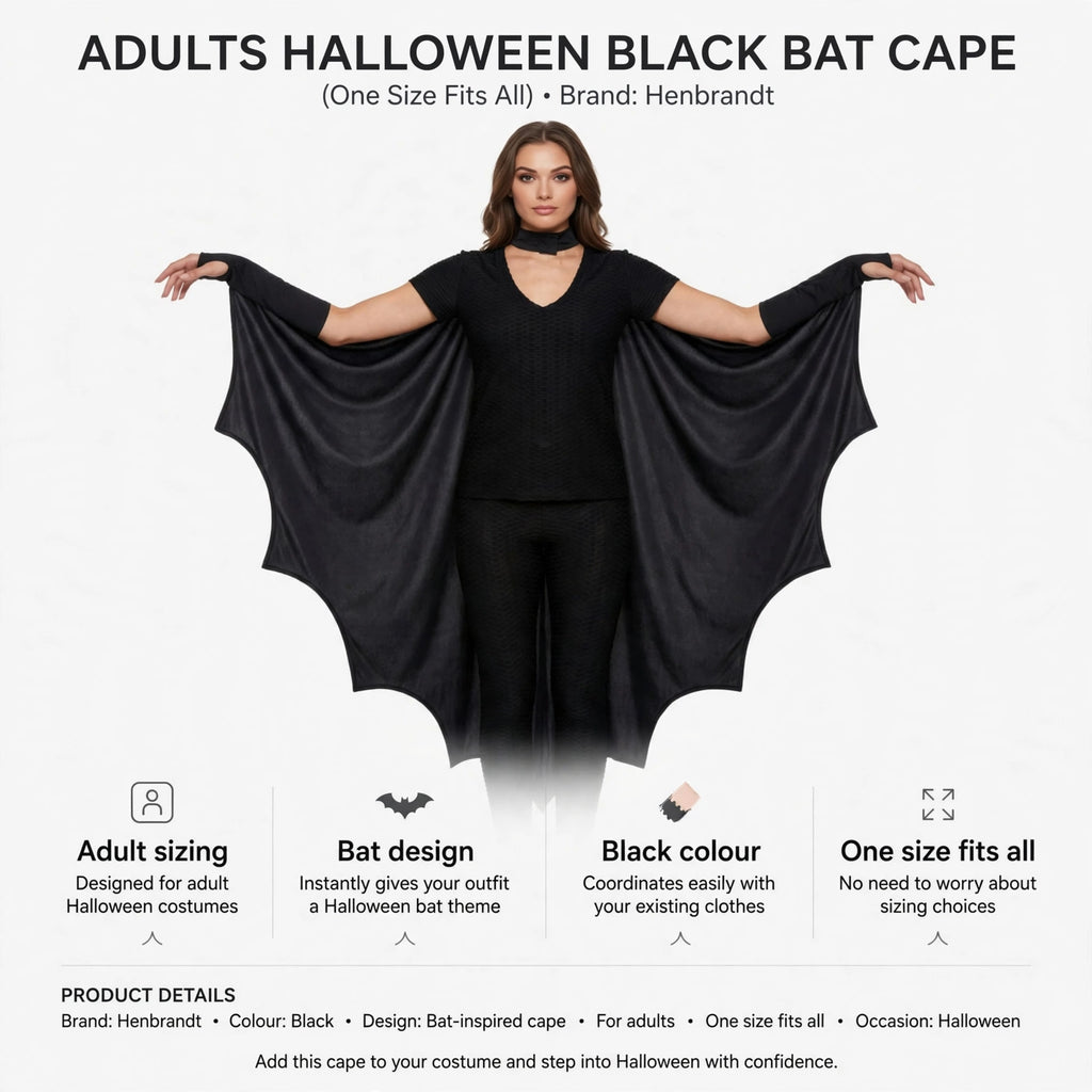 Infographic showing adult sizing, bat design, black colour, and one size fits all features