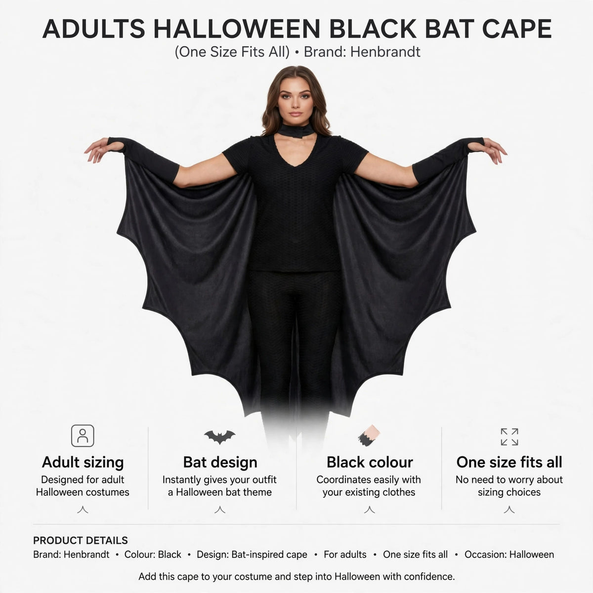 Infographic showing adult sizing, bat design, black colour, and one size fits all features