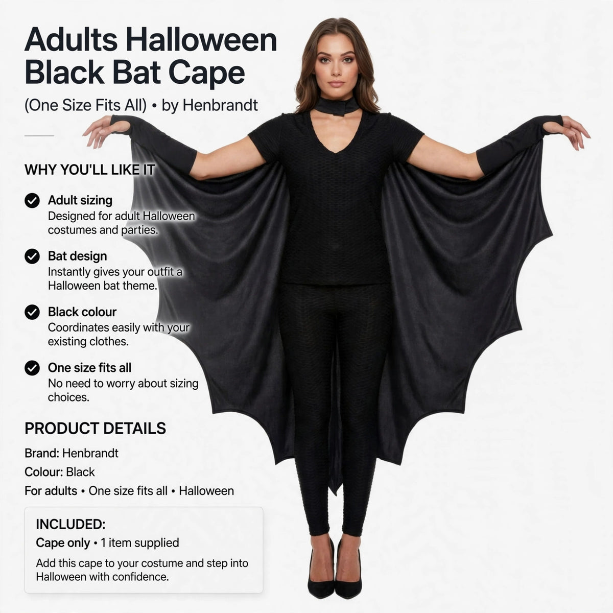 Adults Halloween Black Bat Cape designed for adult costumes with one size fits all
