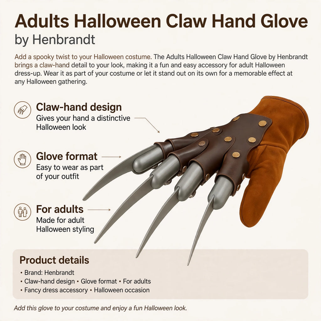 Infographic showing claw-hand design and glove format for adults