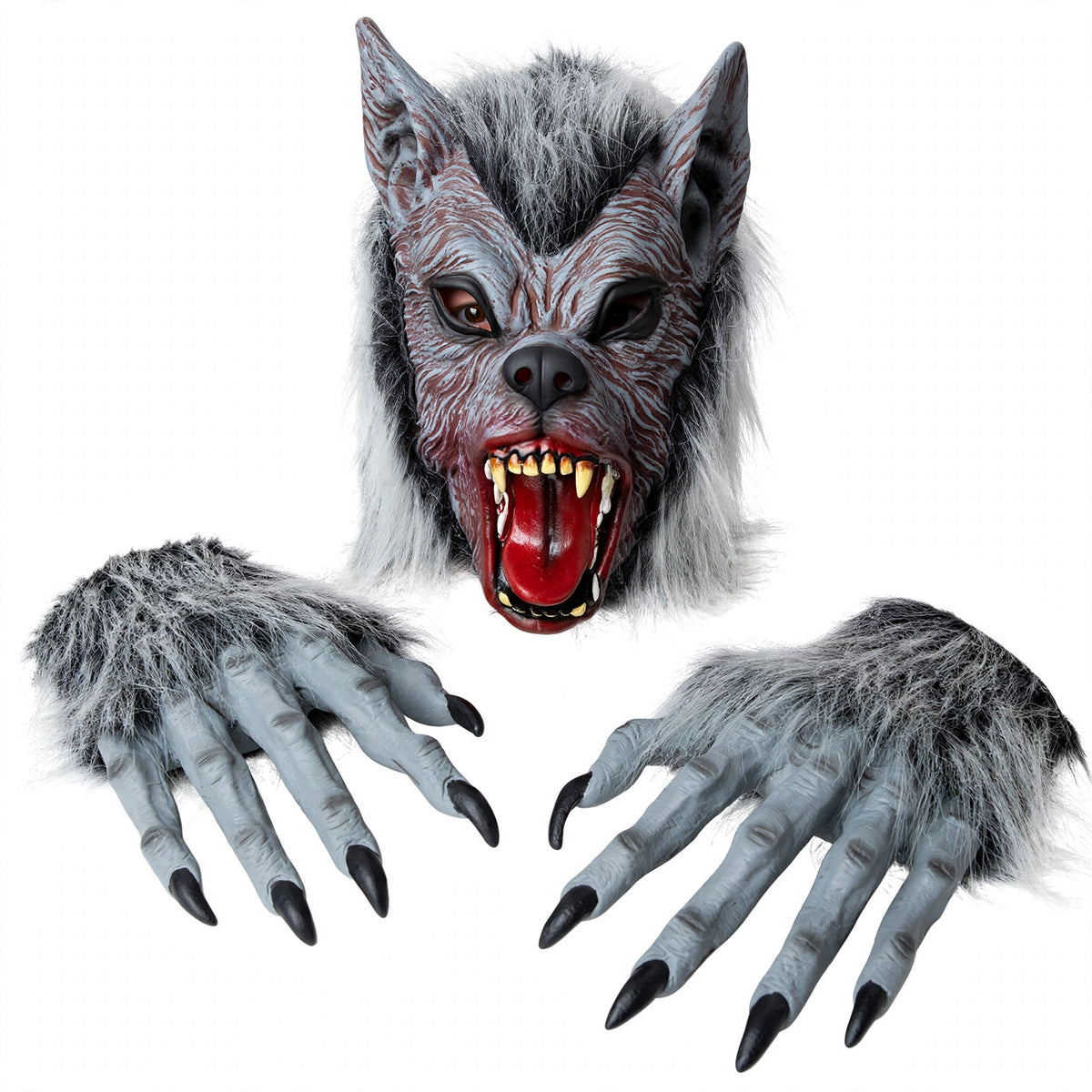 Close-up view of grey werewolf mask and claw set