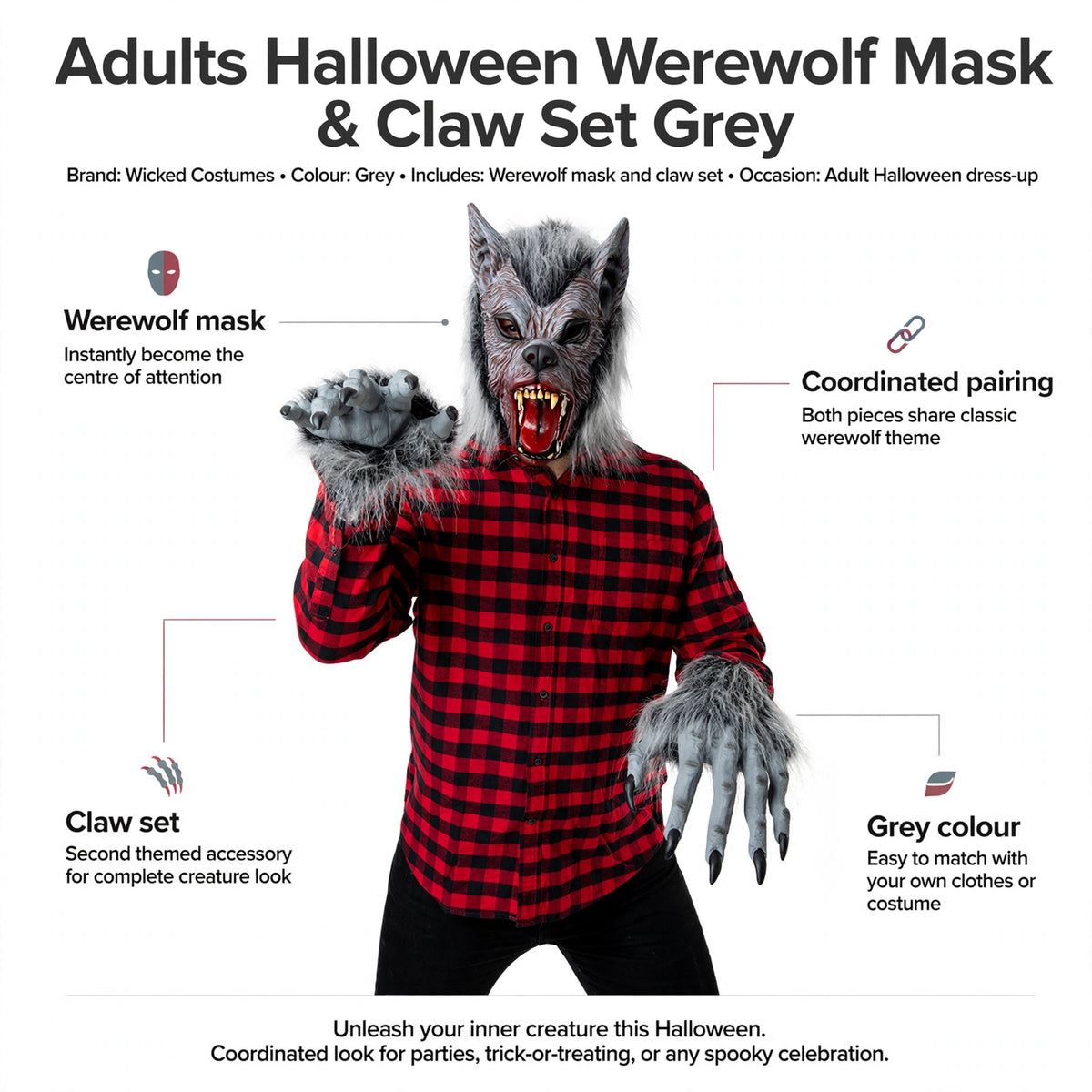 Features werewolf mask and matching claw set in grey colour