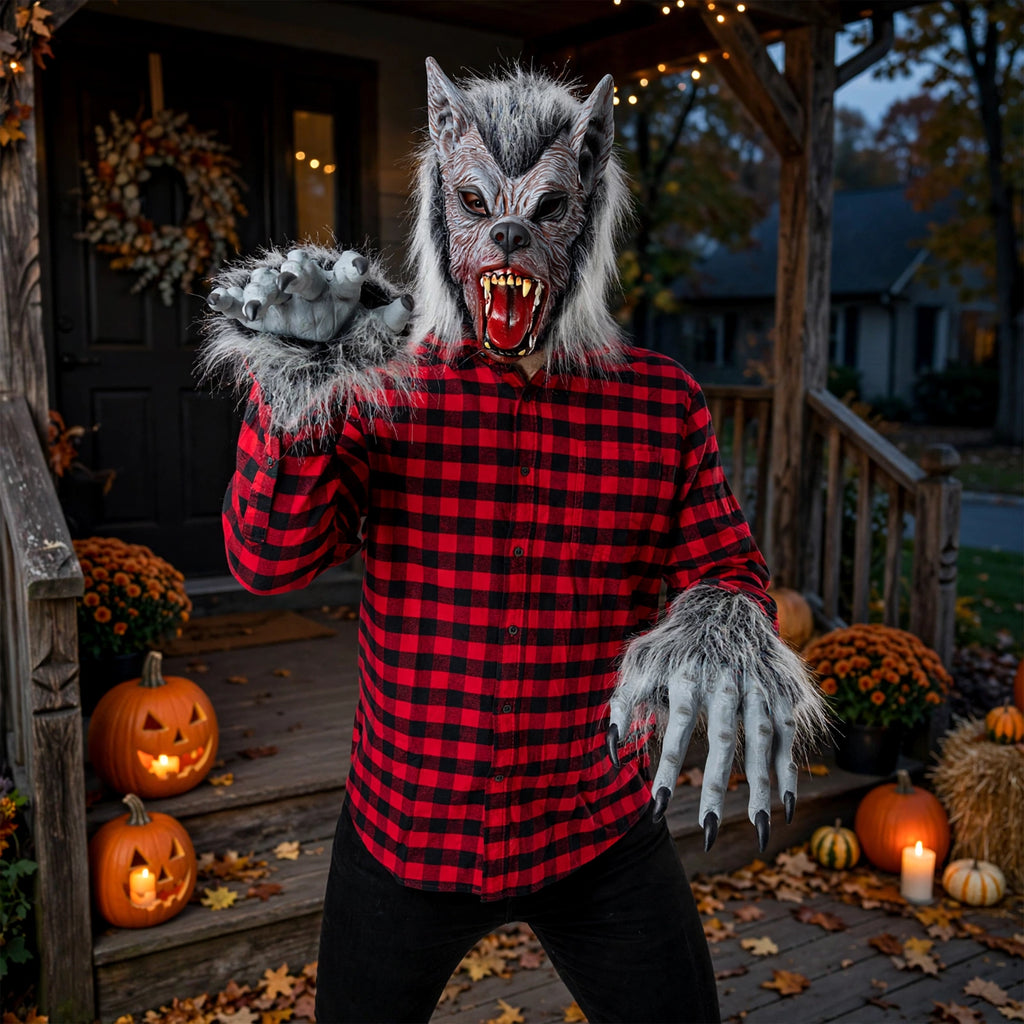 Adults wearing grey werewolf mask and claw set for Halloween