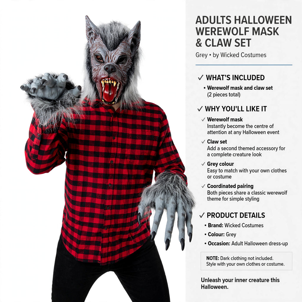 Includes werewolf mask and claw set for coordinated Halloween look