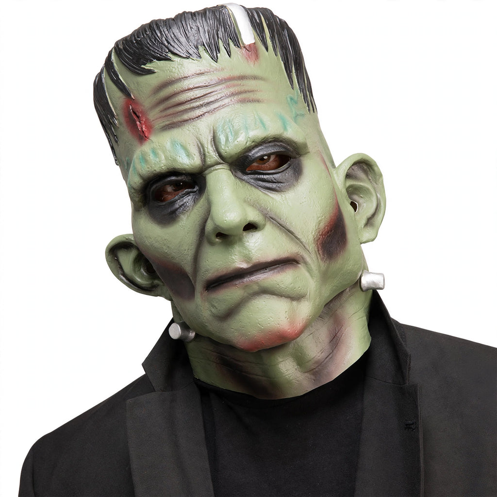 Detailed view of the green Frankenstein Halloween mask