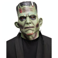Latex Frankenstein Halloween mask with green colouring and flat-top head design