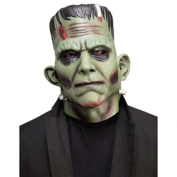 Latex Frankenstein Halloween mask with green colouring and flat-top head design