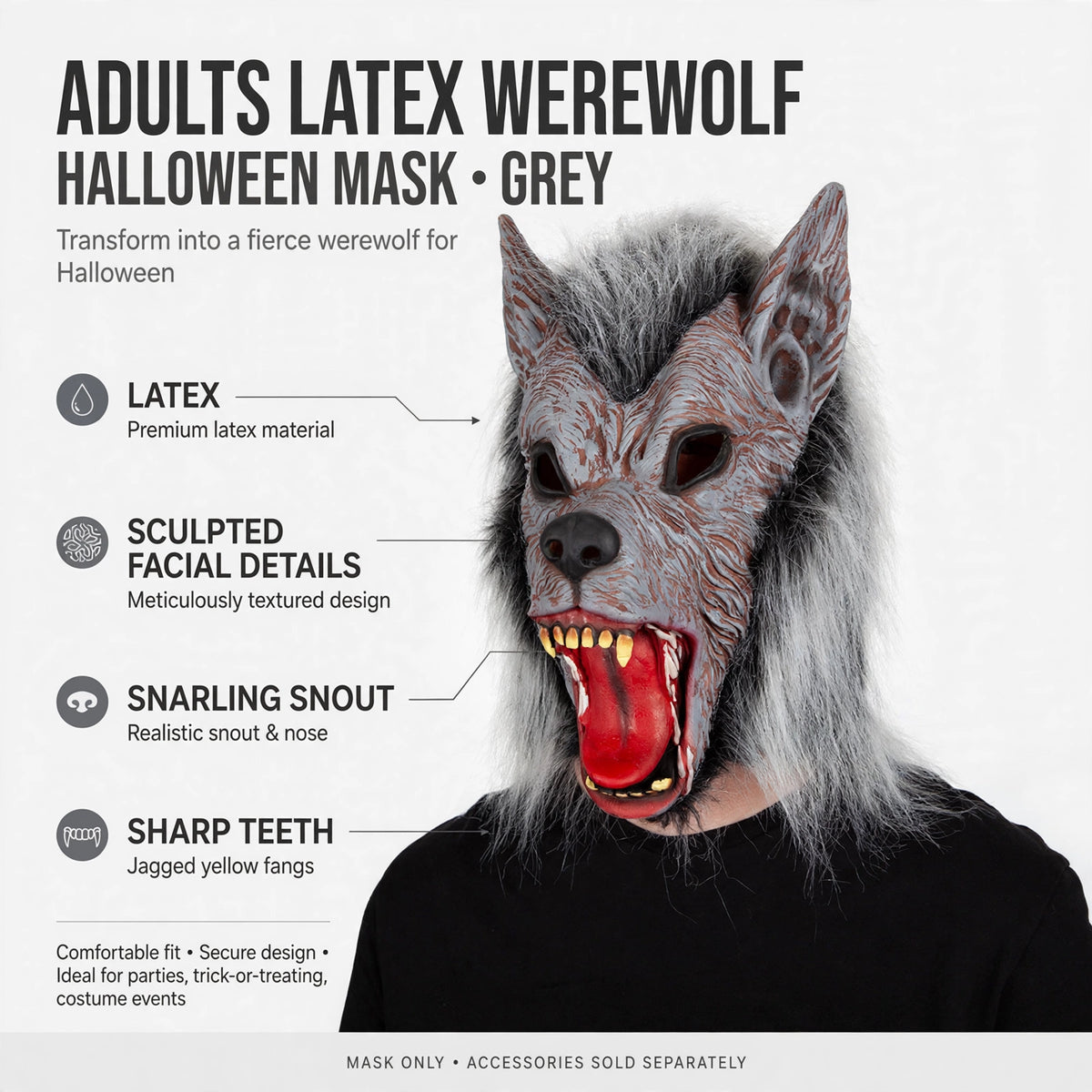 Infographic showing features of the Adults Latex Werewolf Mask