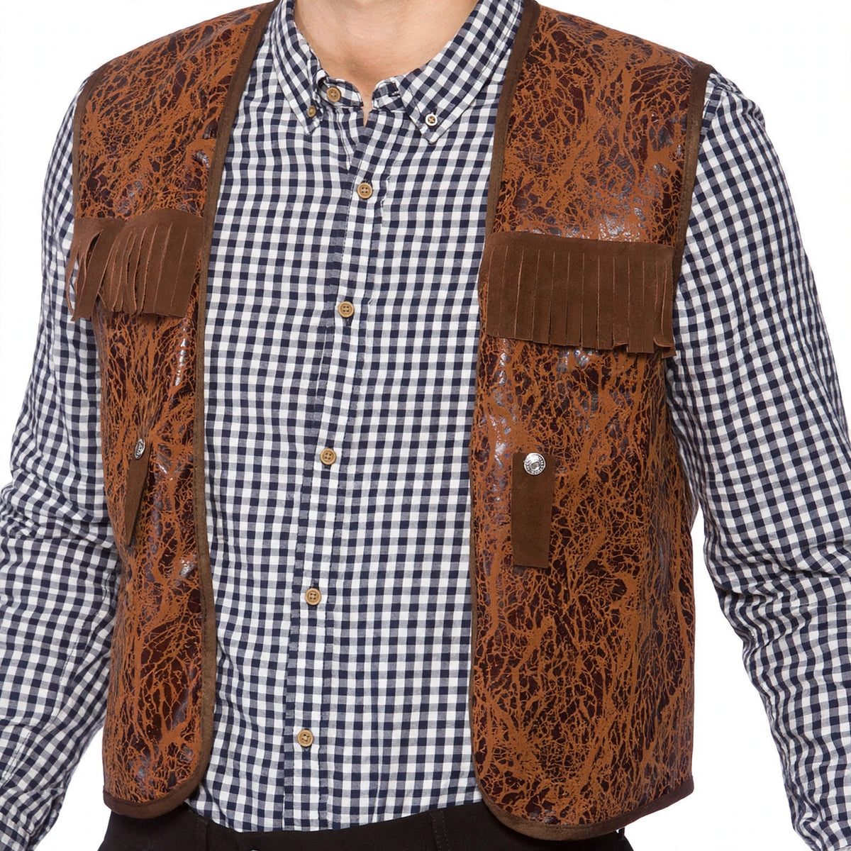 Close-up view of brown cowboy waistcoat with distressed leather-look and rustic detailing