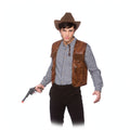 Adults cowboy waistcoat in brown with distressed leather-look finish and rustic detailing