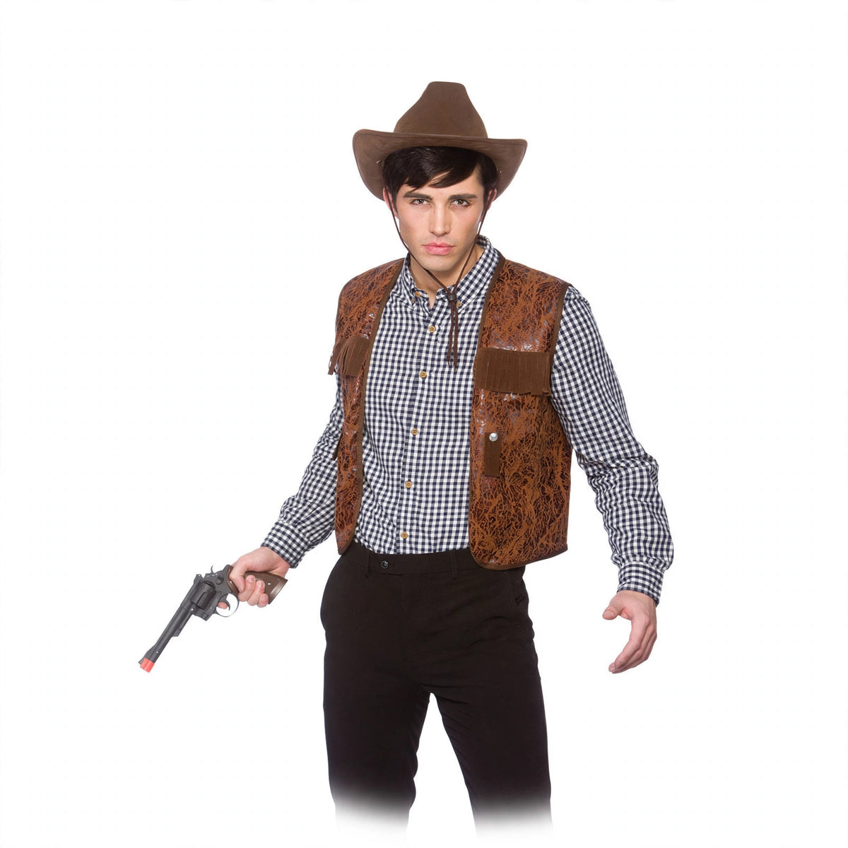 Adults cowboy waistcoat in brown with distressed leather-look finish and rustic detailing