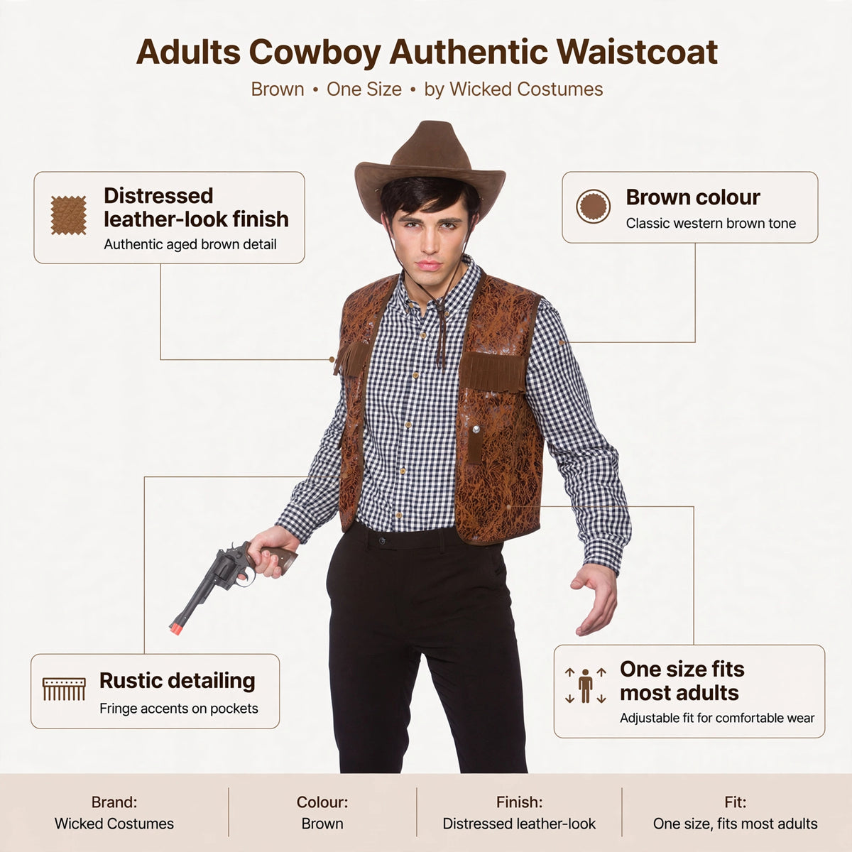 Infographic showing distressed leather-look finish, brown colour, rustic detailing, and one size fits most adults