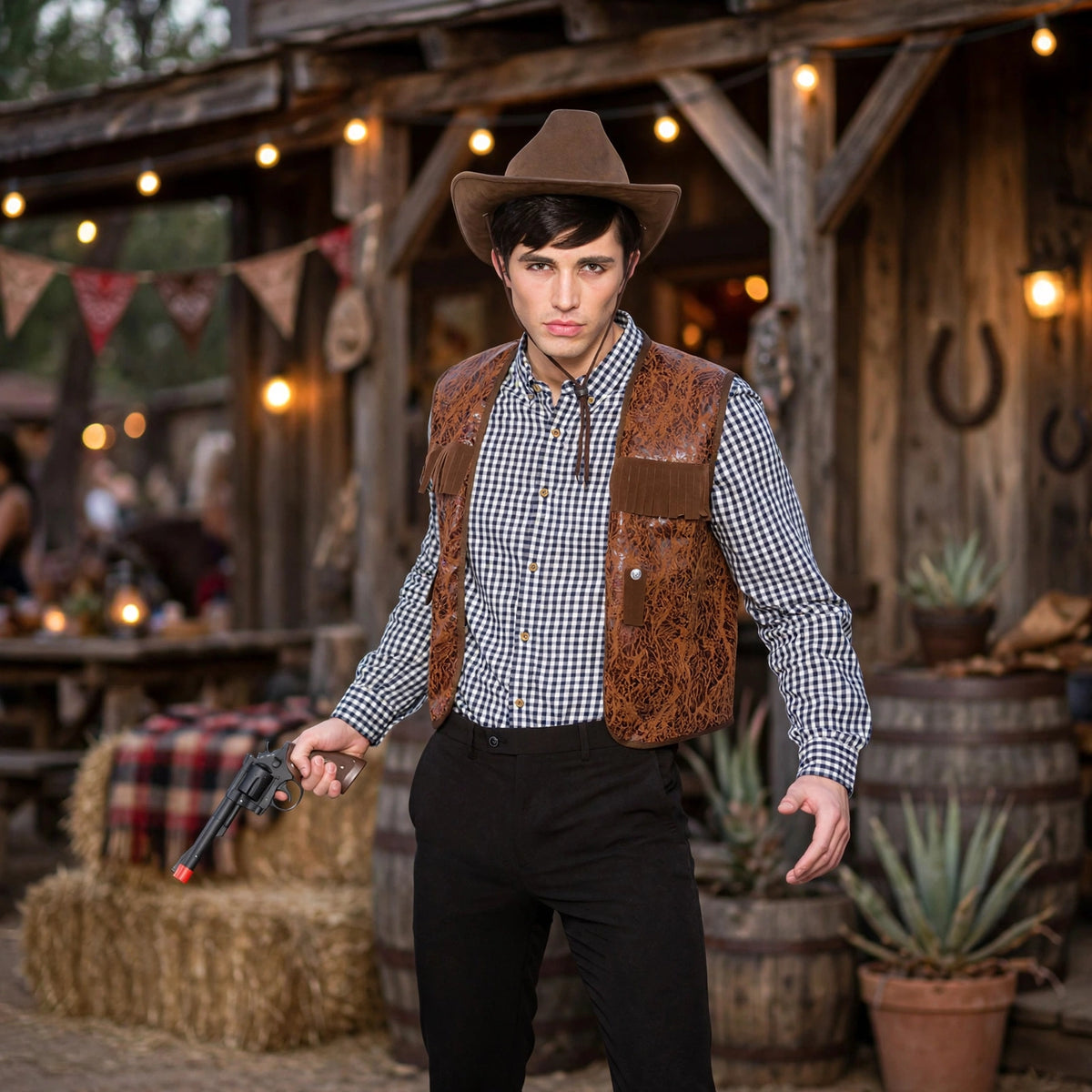 Adults wearing brown cowboy waistcoat with distressed leather-look at a wild west themed party