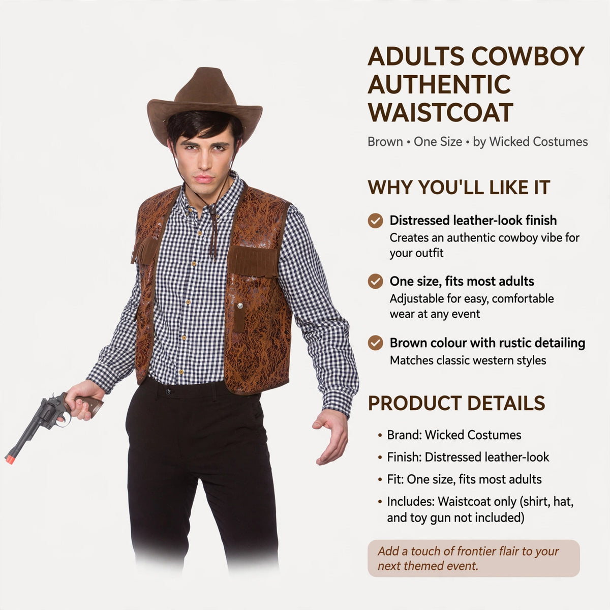 Adults cowboy waistcoat with adjustable one size fit and brown distressed leather-look finish