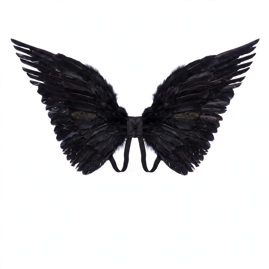 Adults medium black feather angel wings with elastic back straps