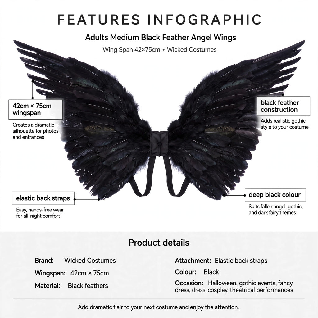 Infographic showing 42cm x 75cm wingspan, black feathers, elastic back straps, and deep black colour