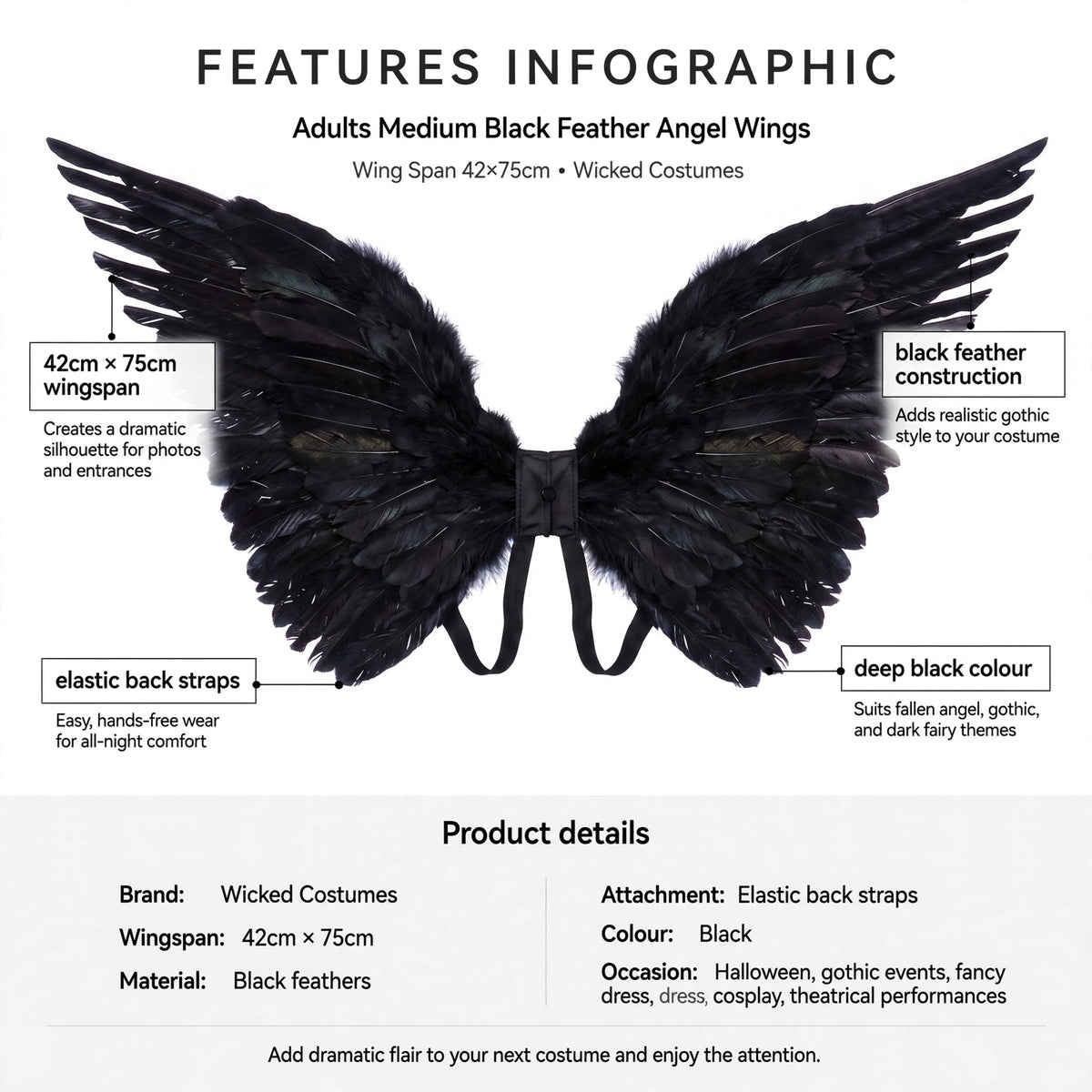 Infographic showing 42cm x 75cm wingspan, black feathers, elastic back straps, and deep black colour