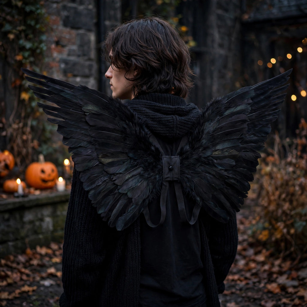 Adults wearing medium black feather angel wings at costume event