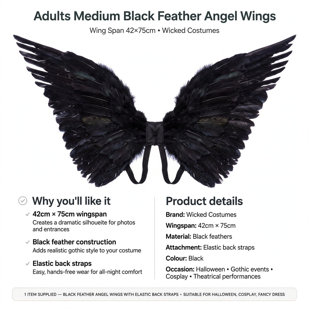 Black feather wings with elastic back straps for hands-free wear and 42cm x 75cm wingspan
