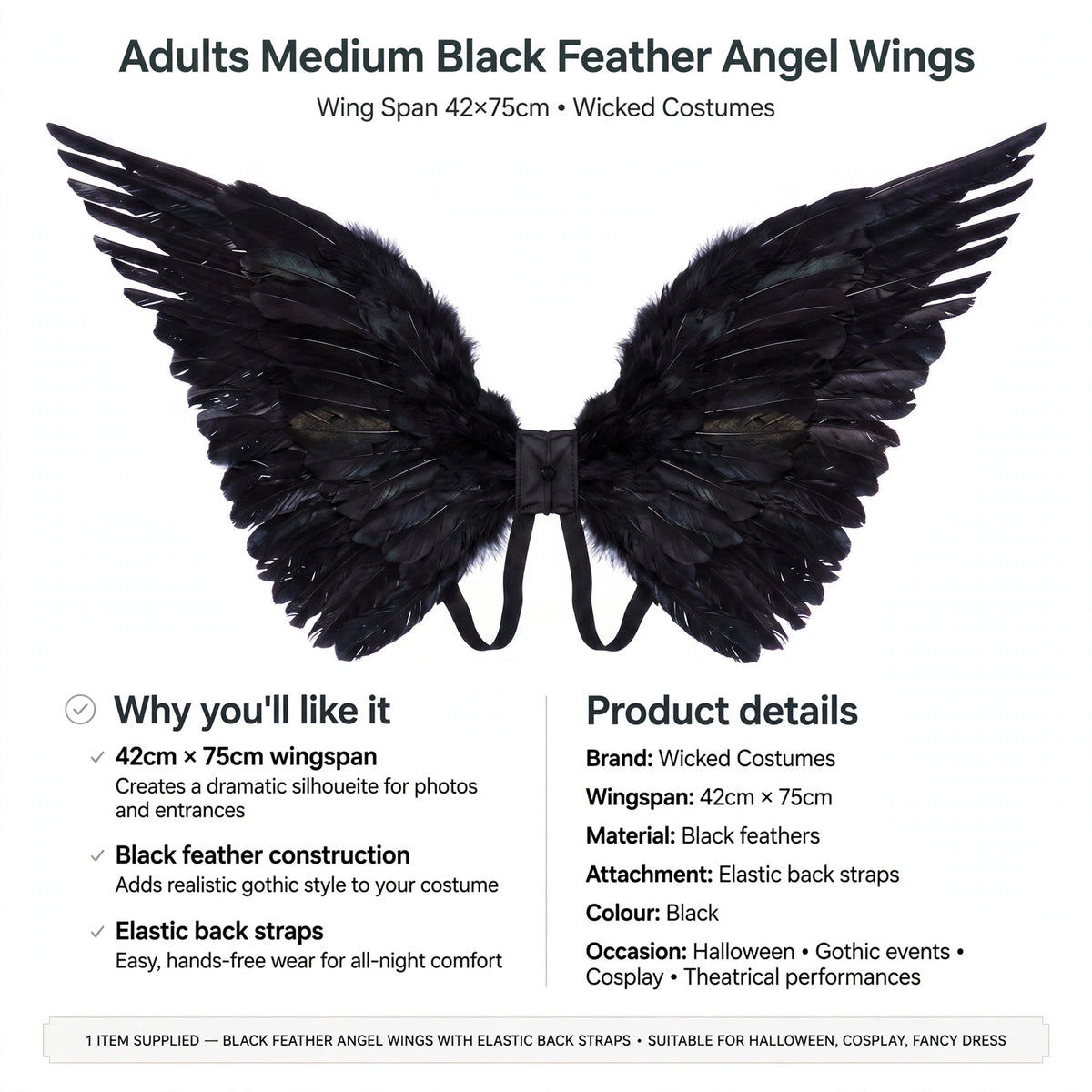 Black feather wings with elastic back straps for hands-free wear and 42cm x 75cm wingspan
