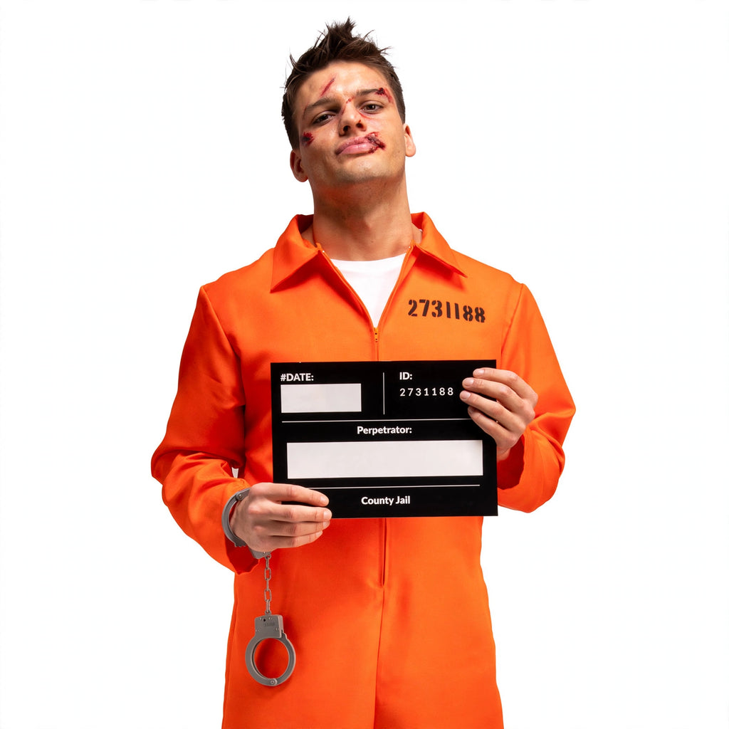 Close-up of orange boiler suit fabric and included plastic handcuffs and ID board