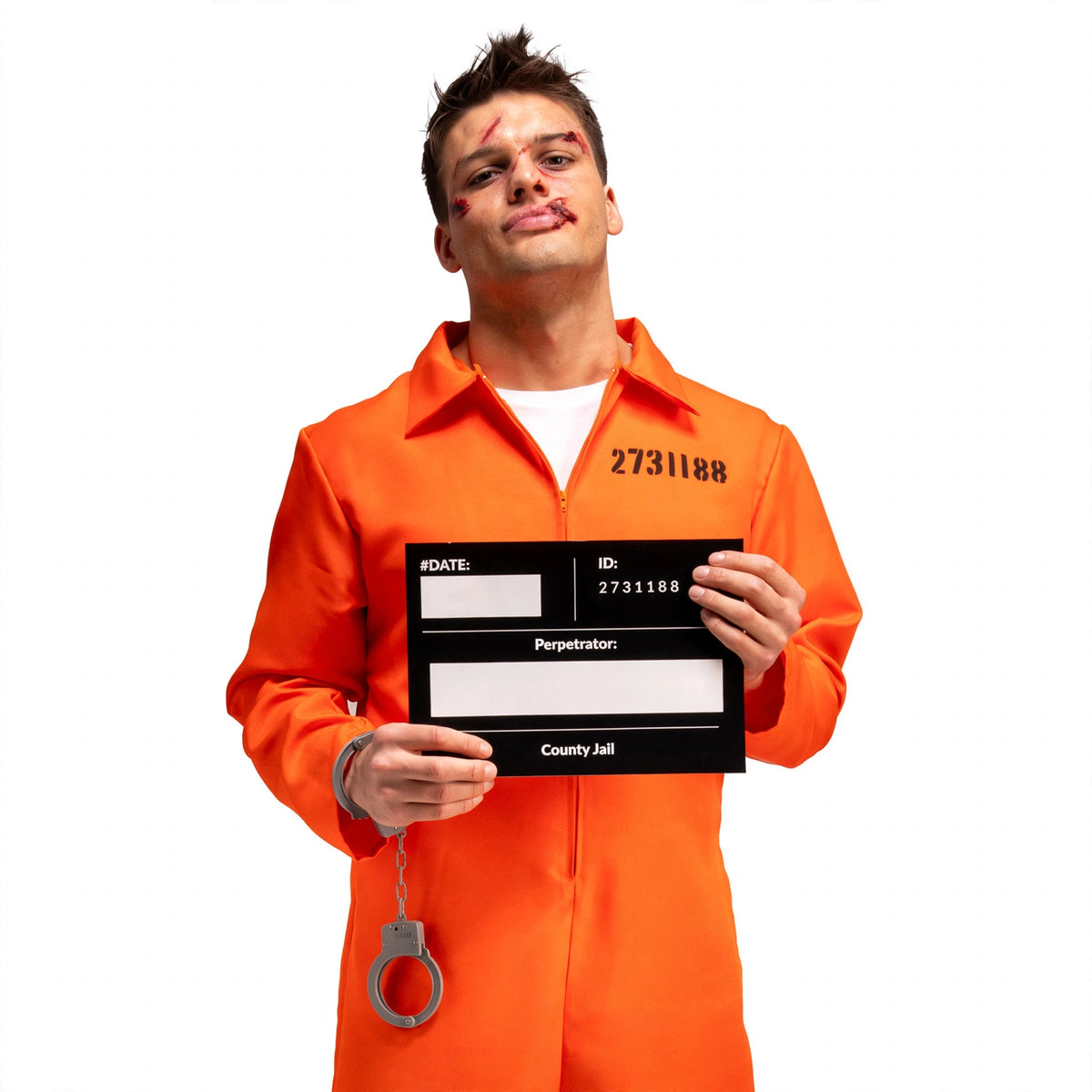 Close-up of orange boiler suit fabric and included plastic handcuffs and ID board